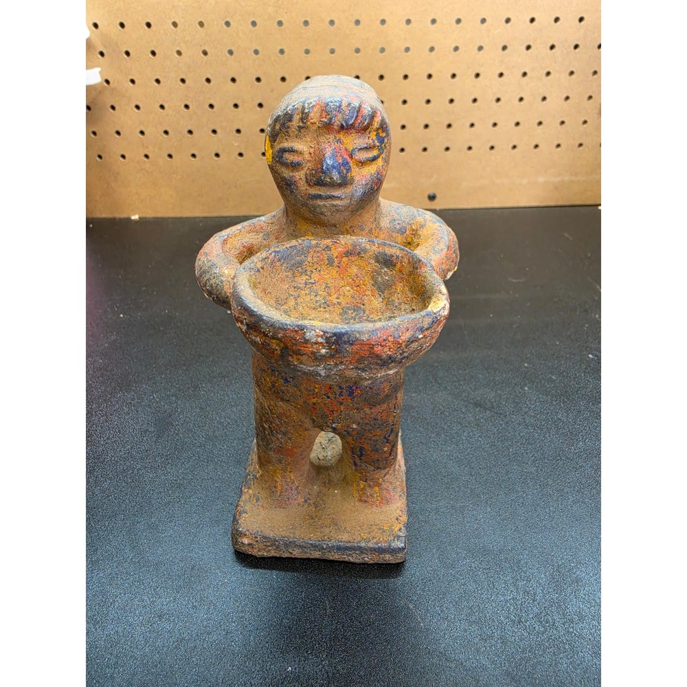 Vintage Mexican Folk Art Terracotta Figure Holding Bowl Rustic Clay Sculpture